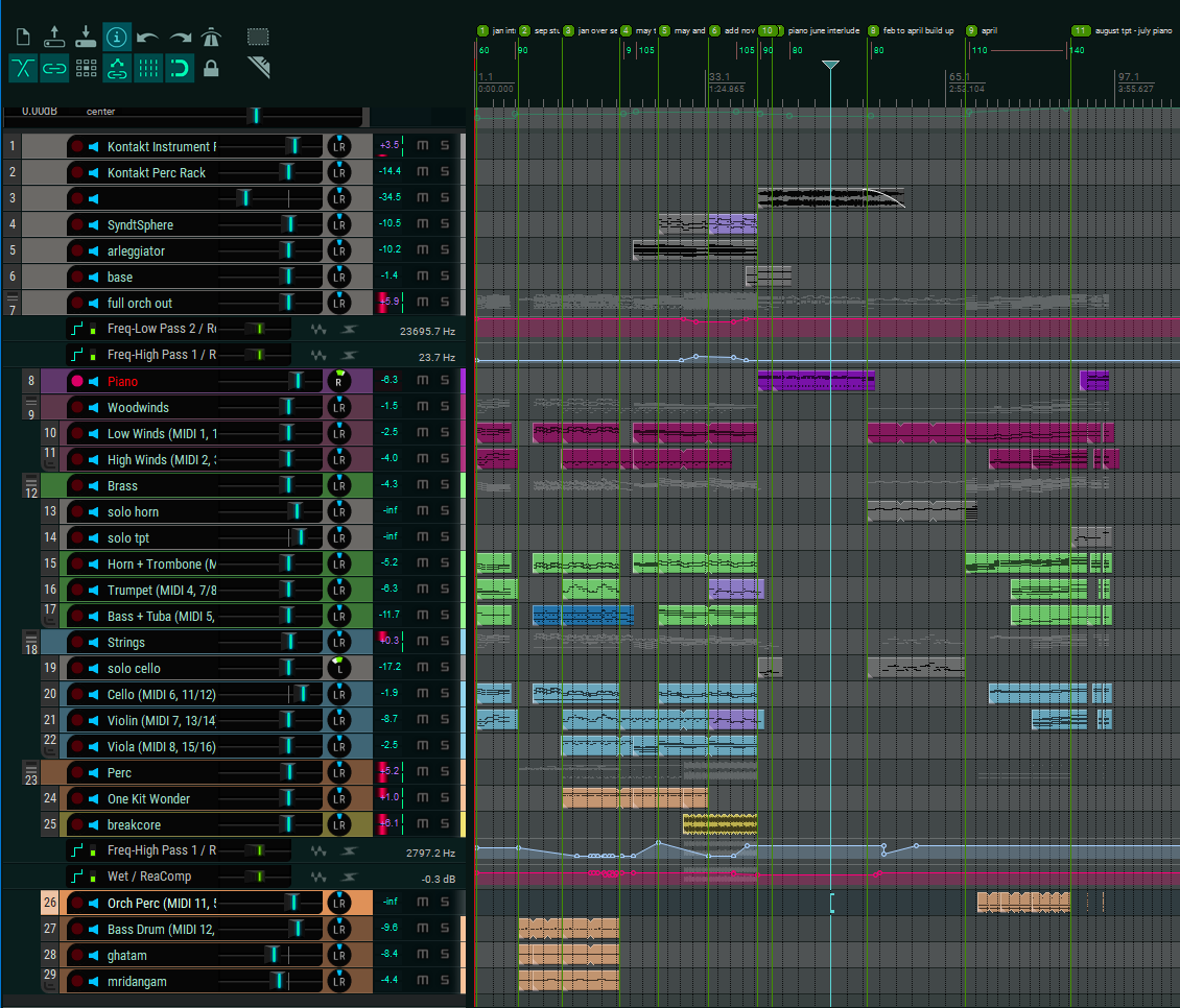 a screenshot of the reaper session for this track, showing all the instrument tracks and the full duration. there are 29 total instrument parts shown on the screen.