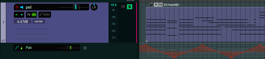 a screenshot of my DAW of choice, Reaper, depicting the panning that the synth pad goes through in an excerpt of the song.