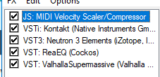 a screenshot of the set of plugins i used to process the drums on this track: a midi velocity scaler, two types of EQ, compression and excitement, and reverb, not to mentioned sidechain compression not included in this screenshot.